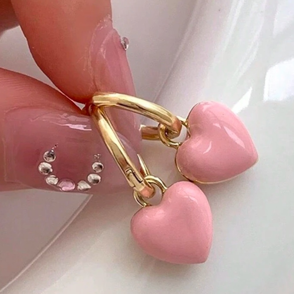 Gold Huggies and Small Pink Heart Dangle Earrings! New in package!
